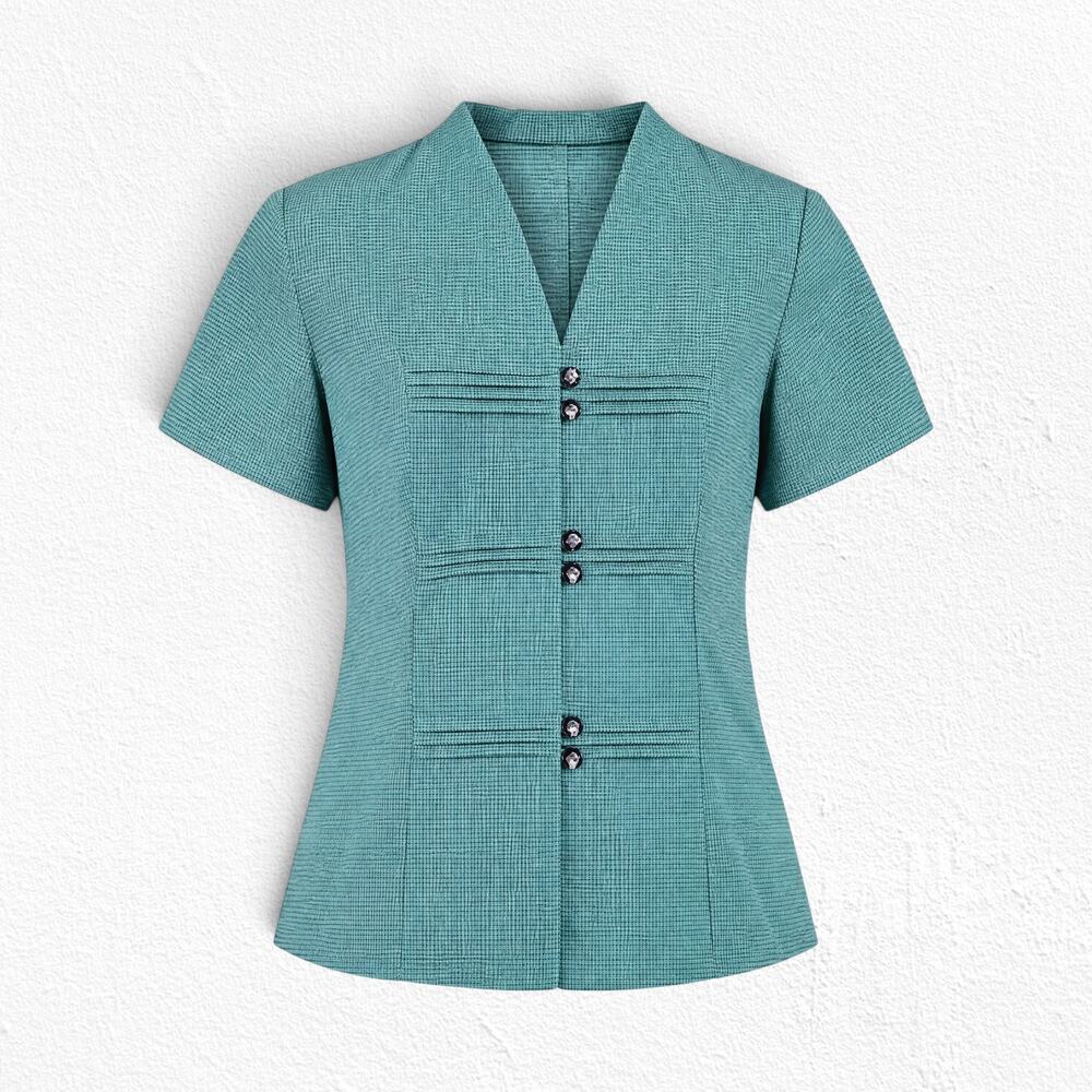 Vintage 1950s Teal Black Houndstooth Fitted Button Blouse Pinup Size Large